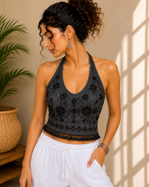 Charcol Black Floral Embroidered Halter Top