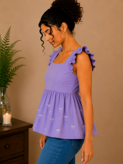 Floral Bow Embroidered Lavender Peplum Top