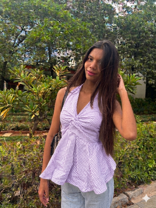Gingham Check Halter Neck Peplum Short Kurti