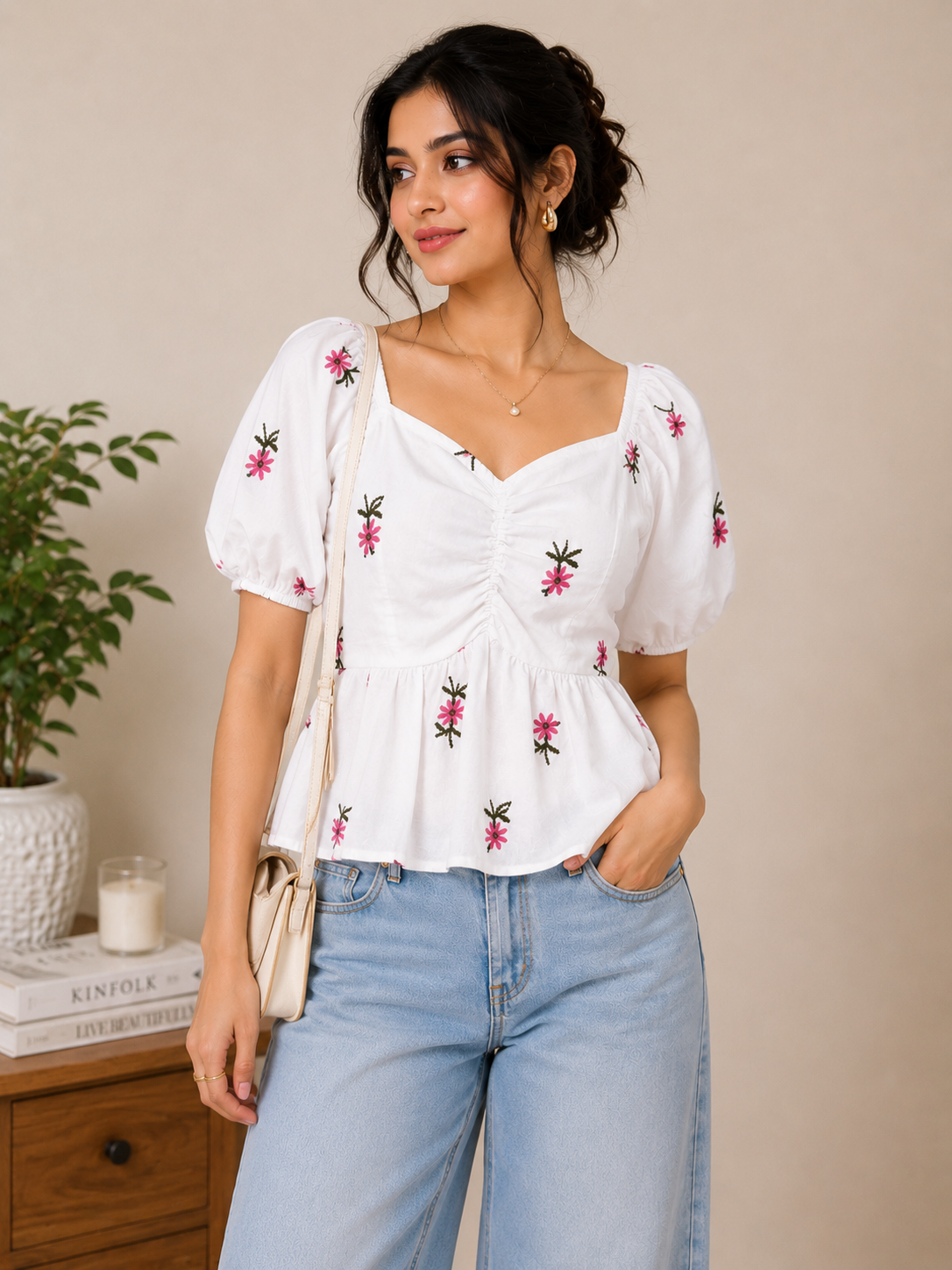 White Floral Embroidered Peplum Top
