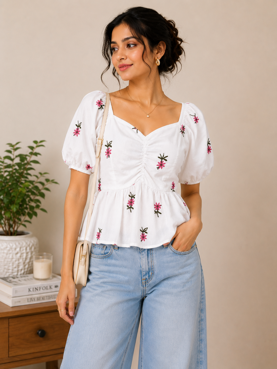 White Floral Embroidered Peplum Top