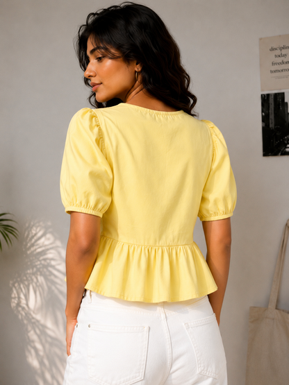 Fuchsia Puff Sleeve Peplum Yellow Top for Women